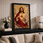 A detailed mosaic-style artwork depicting the Sacred Heart of Jesus with a glowing heart encircled by thorns and a cross above it. Jesus is shown with long hair and a beard, wearing a red and white robe, surrounded by floral and butterfly motifs in a radiant golden background.