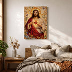 A detailed mosaic-style artwork depicting the Sacred Heart of Jesus with a glowing heart encircled by thorns and a cross above it. Jesus is shown with long hair and a beard, wearing a red and white robe, surrounded by floral and butterfly motifs in a radiant golden background.