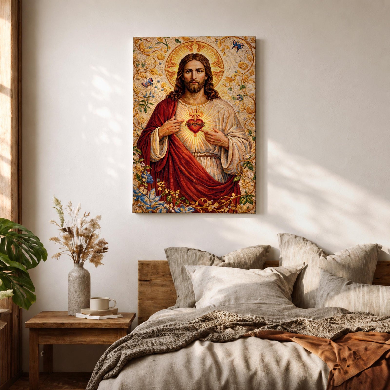 A detailed mosaic-style artwork depicting the Sacred Heart of Jesus with a glowing heart encircled by thorns and a cross above it. Jesus is shown with long hair and a beard, wearing a red and white robe, surrounded by floral and butterfly motifs in a radiant golden background.
