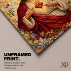 A detailed mosaic-style artwork depicting the Sacred Heart of Jesus with a glowing heart encircled by thorns and a cross above it. Jesus is shown with long hair and a beard, wearing a red and white robe, surrounded by floral and butterfly motifs in a radiant golden background.