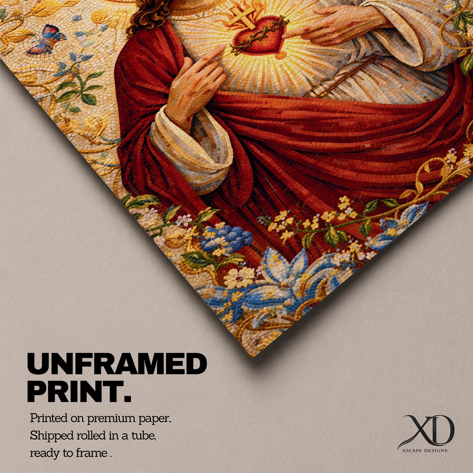 A detailed mosaic-style artwork depicting the Sacred Heart of Jesus with a glowing heart encircled by thorns and a cross above it. Jesus is shown with long hair and a beard, wearing a red and white robe, surrounded by floral and butterfly motifs in a radiant golden background.