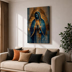 A detailed stained glass style depiction of Our Lady of Guadalupe with hands clasped in prayer, surrounded by radiant golden light and geometric patterns, framed in gold, blending traditional religious iconography with modern digital mosaic effects.
