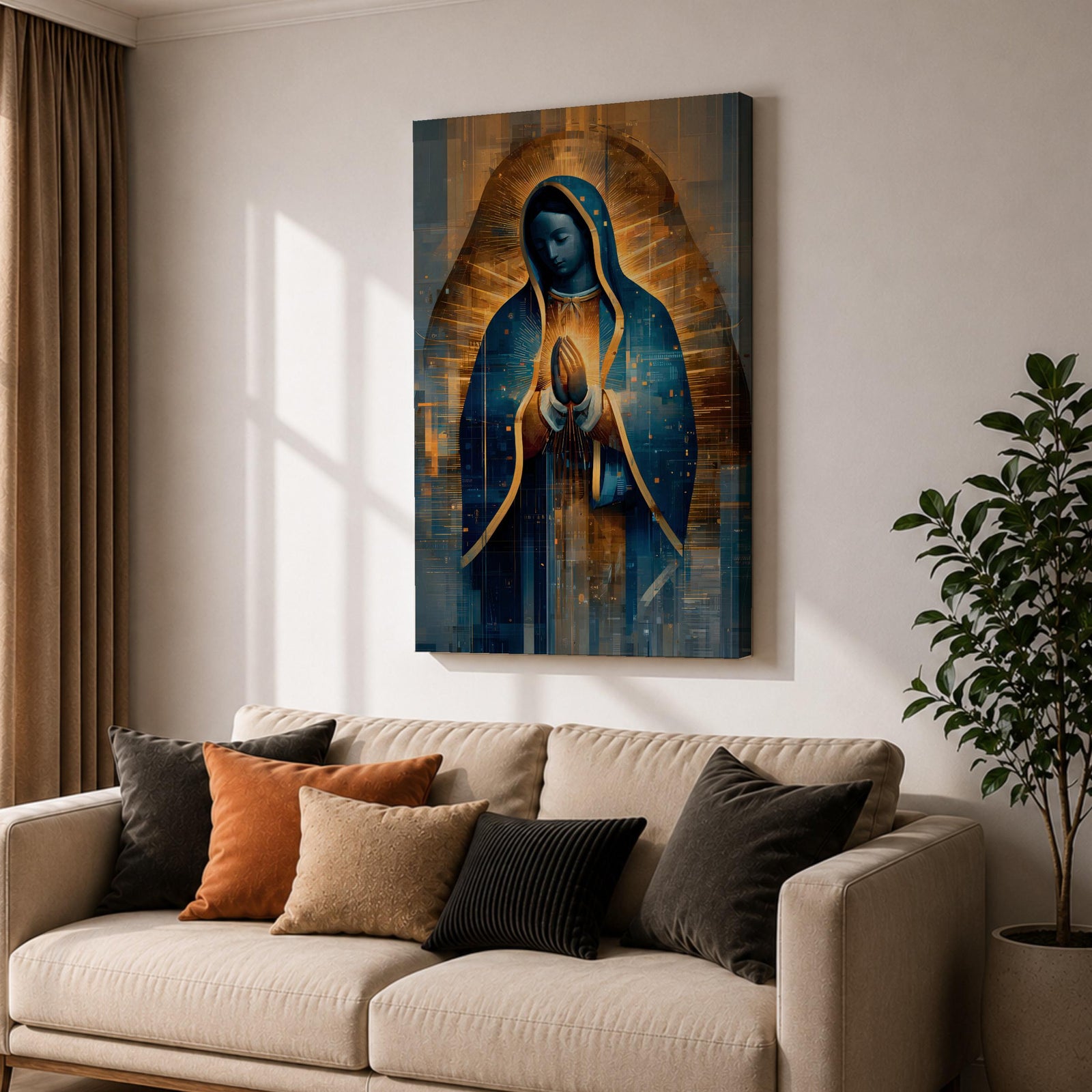 A detailed stained glass style depiction of Our Lady of Guadalupe with hands clasped in prayer, surrounded by radiant golden light and geometric patterns, framed in gold, blending traditional religious iconography with modern digital mosaic effects.