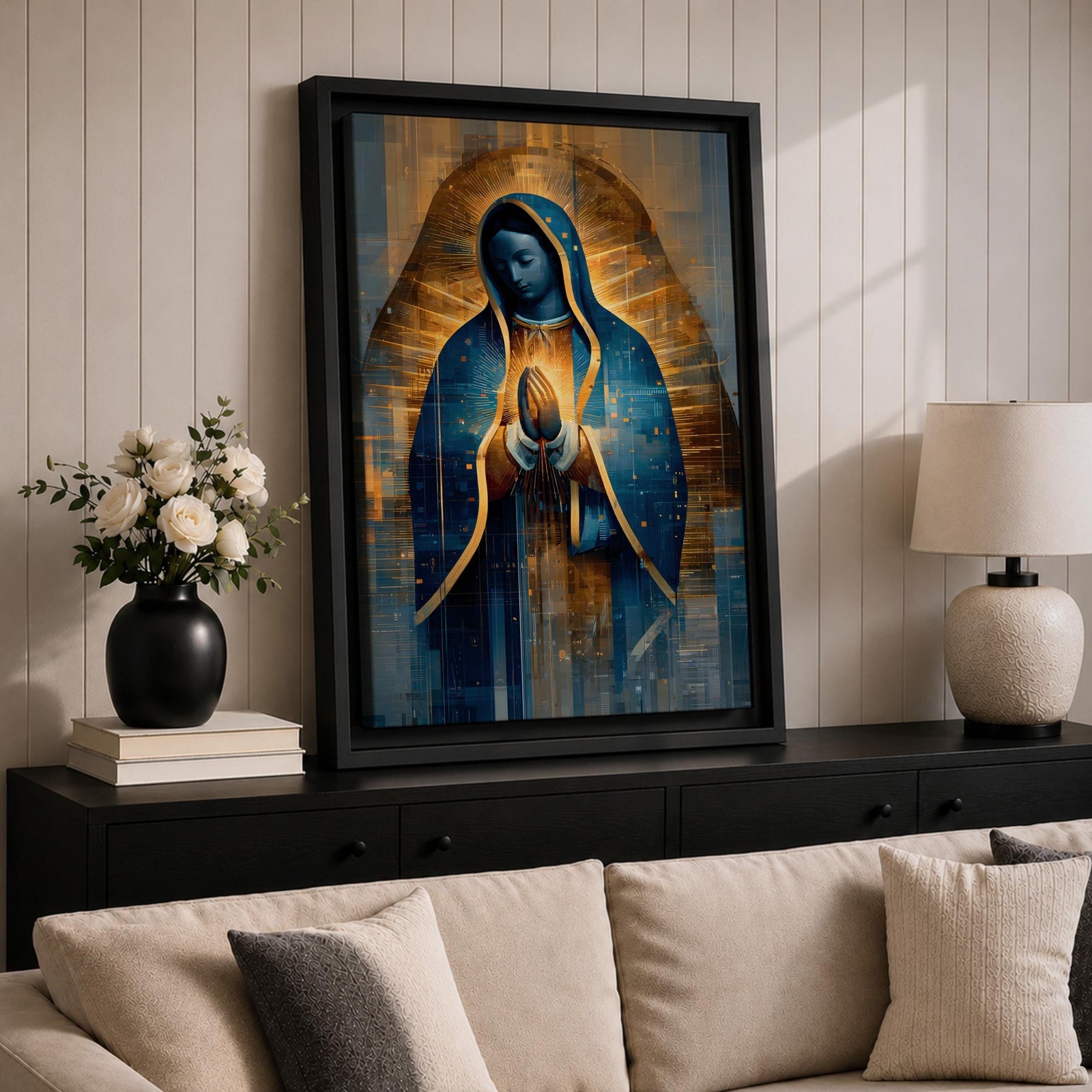 A detailed stained glass style depiction of Our Lady of Guadalupe with hands clasped in prayer, surrounded by radiant golden light and geometric patterns, framed in gold, blending traditional religious iconography with modern digital mosaic effects.