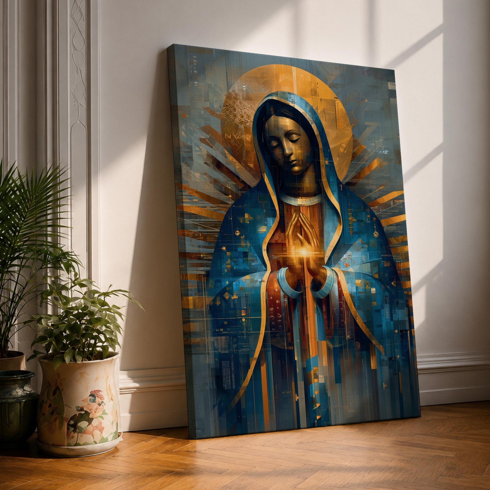 A mosaic-style depiction of Our Lady of Guadalupe features a serene woman with closed eyes, hands clasped in prayer, cloaked in a blue mantle with golden rays radiating behind her, rendered in geometric and stained glass-inspired patterns.