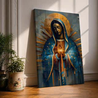 A mosaic-style depiction of Our Lady of Guadalupe features a serene woman with closed eyes, hands clasped in prayer, cloaked in a blue mantle with golden rays radiating behind her, rendered in geometric and stained glass-inspired patterns.