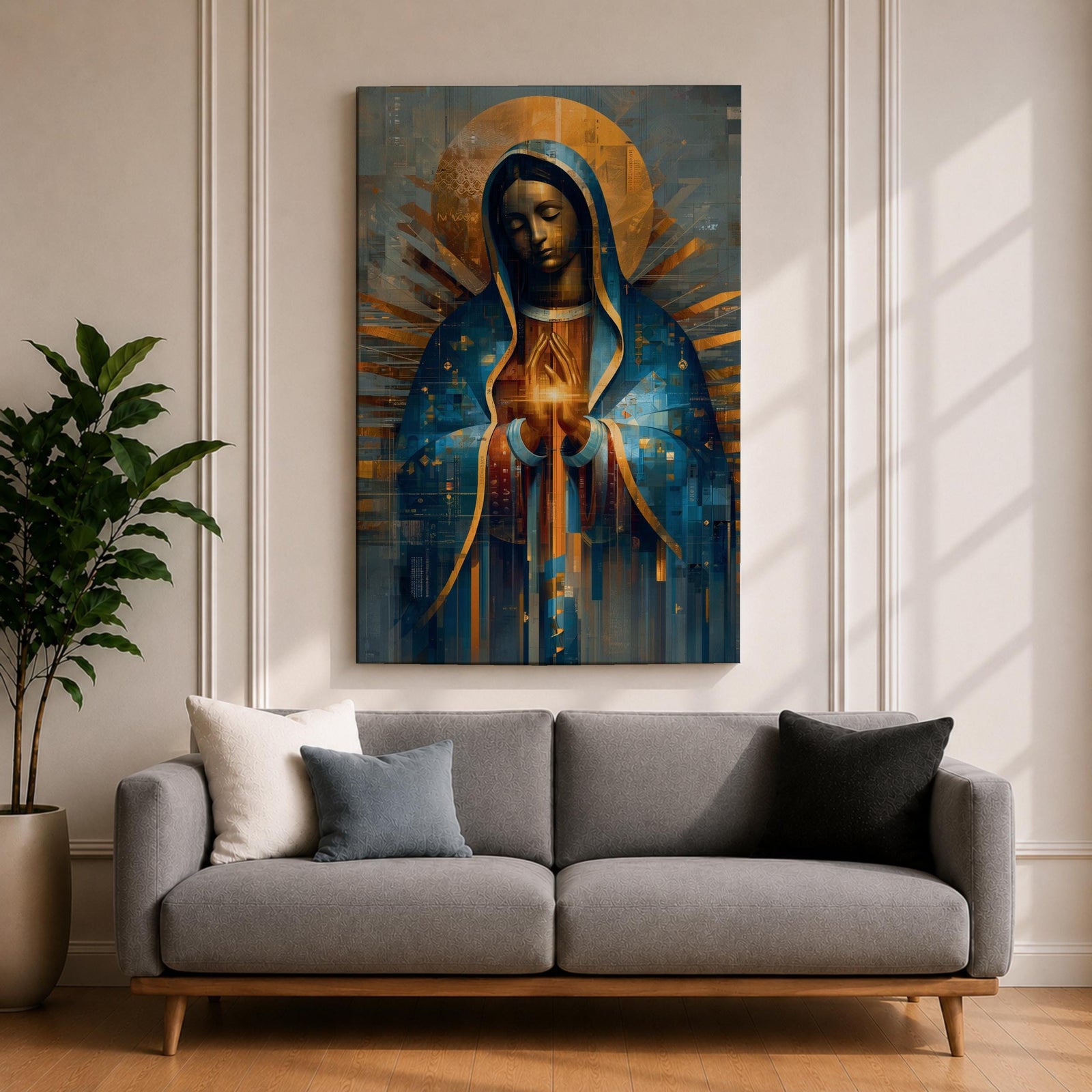 A mosaic-style depiction of Our Lady of Guadalupe features a serene woman with closed eyes, hands clasped in prayer, cloaked in a blue mantle with golden rays radiating behind her, rendered in geometric and stained glass-inspired patterns.