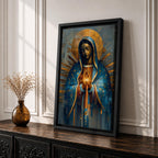A mosaic-style depiction of Our Lady of Guadalupe features a serene woman with closed eyes, hands clasped in prayer, cloaked in a blue mantle with golden rays radiating behind her, rendered in geometric and stained glass-inspired patterns.