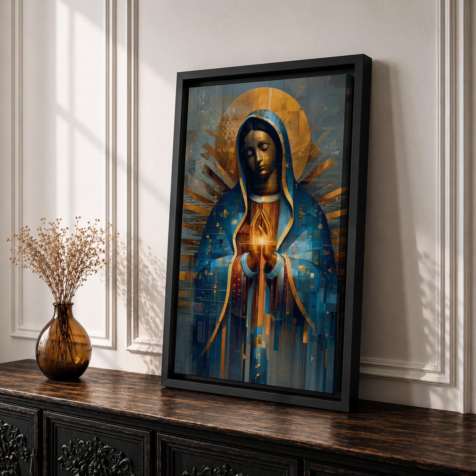 A mosaic-style depiction of Our Lady of Guadalupe features a serene woman with closed eyes, hands clasped in prayer, cloaked in a blue mantle with golden rays radiating behind her, rendered in geometric and stained glass-inspired patterns.