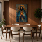 A mosaic-style depiction of Our Lady of Guadalupe features a serene woman with closed eyes, hands clasped in prayer, cloaked in a blue mantle with golden rays radiating behind her, rendered in geometric and stained glass-inspired patterns.