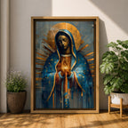 A mosaic-style depiction of Our Lady of Guadalupe features a serene woman with closed eyes, hands clasped in prayer, cloaked in a blue mantle with golden rays radiating behind her, rendered in geometric and stained glass-inspired patterns.