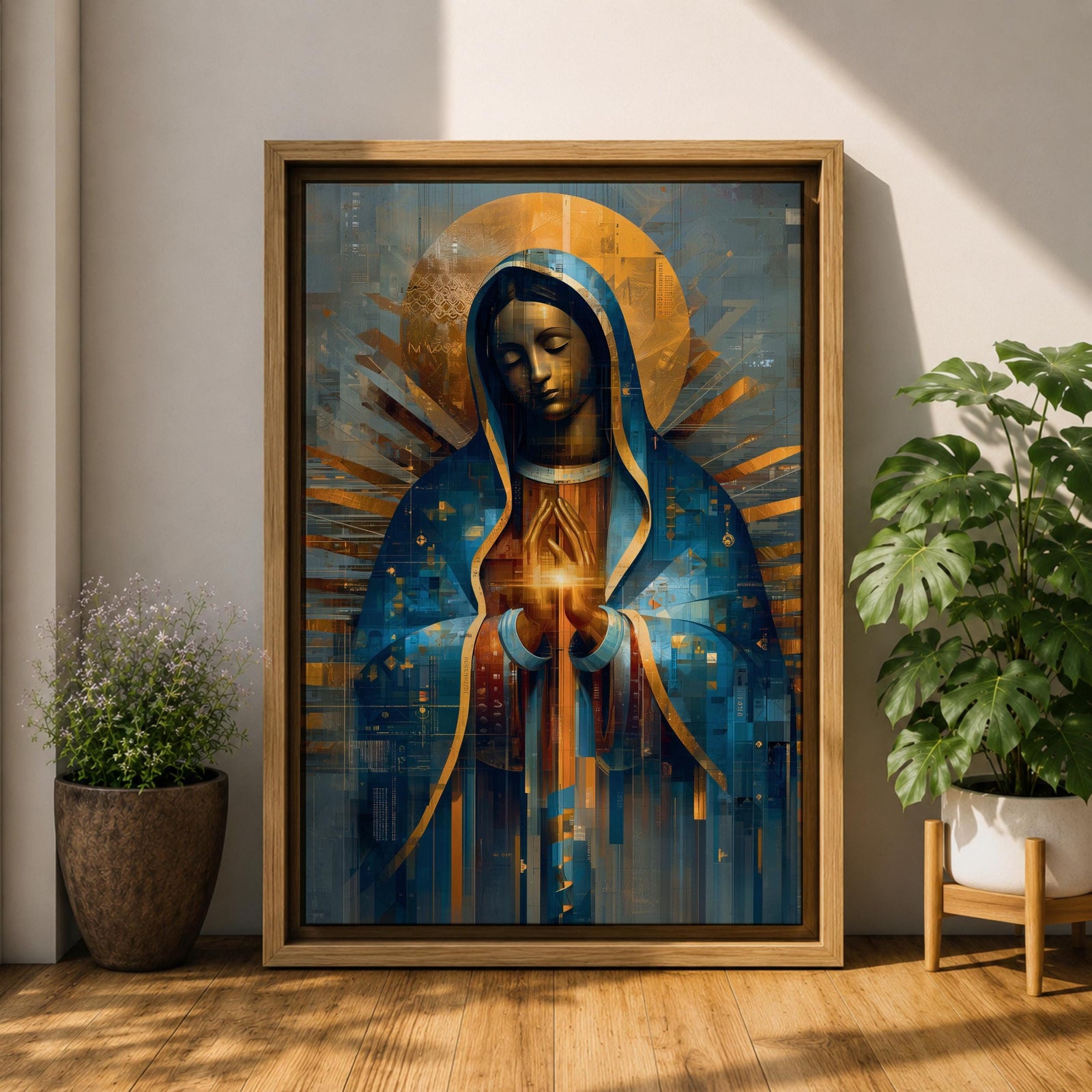 A mosaic-style depiction of Our Lady of Guadalupe features a serene woman with closed eyes, hands clasped in prayer, cloaked in a blue mantle with golden rays radiating behind her, rendered in geometric and stained glass-inspired patterns.