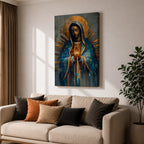 A mosaic-style depiction of Our Lady of Guadalupe features a serene woman with closed eyes, hands clasped in prayer, cloaked in a blue mantle with golden rays radiating behind her, rendered in geometric and stained glass-inspired patterns.
