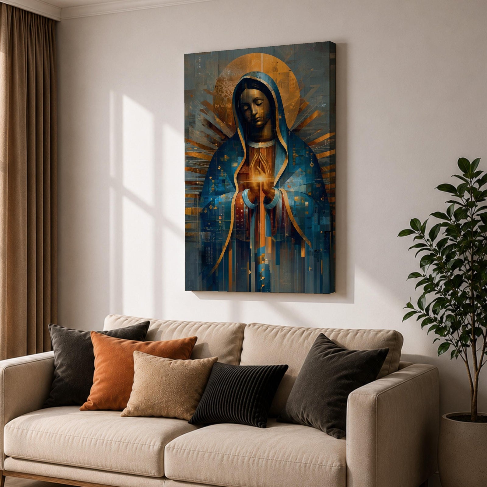 A mosaic-style depiction of Our Lady of Guadalupe features a serene woman with closed eyes, hands clasped in prayer, cloaked in a blue mantle with golden rays radiating behind her, rendered in geometric and stained glass-inspired patterns.