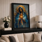 A mosaic-style depiction of Our Lady of Guadalupe features a serene woman with closed eyes, hands clasped in prayer, cloaked in a blue mantle with golden rays radiating behind her, rendered in geometric and stained glass-inspired patterns.