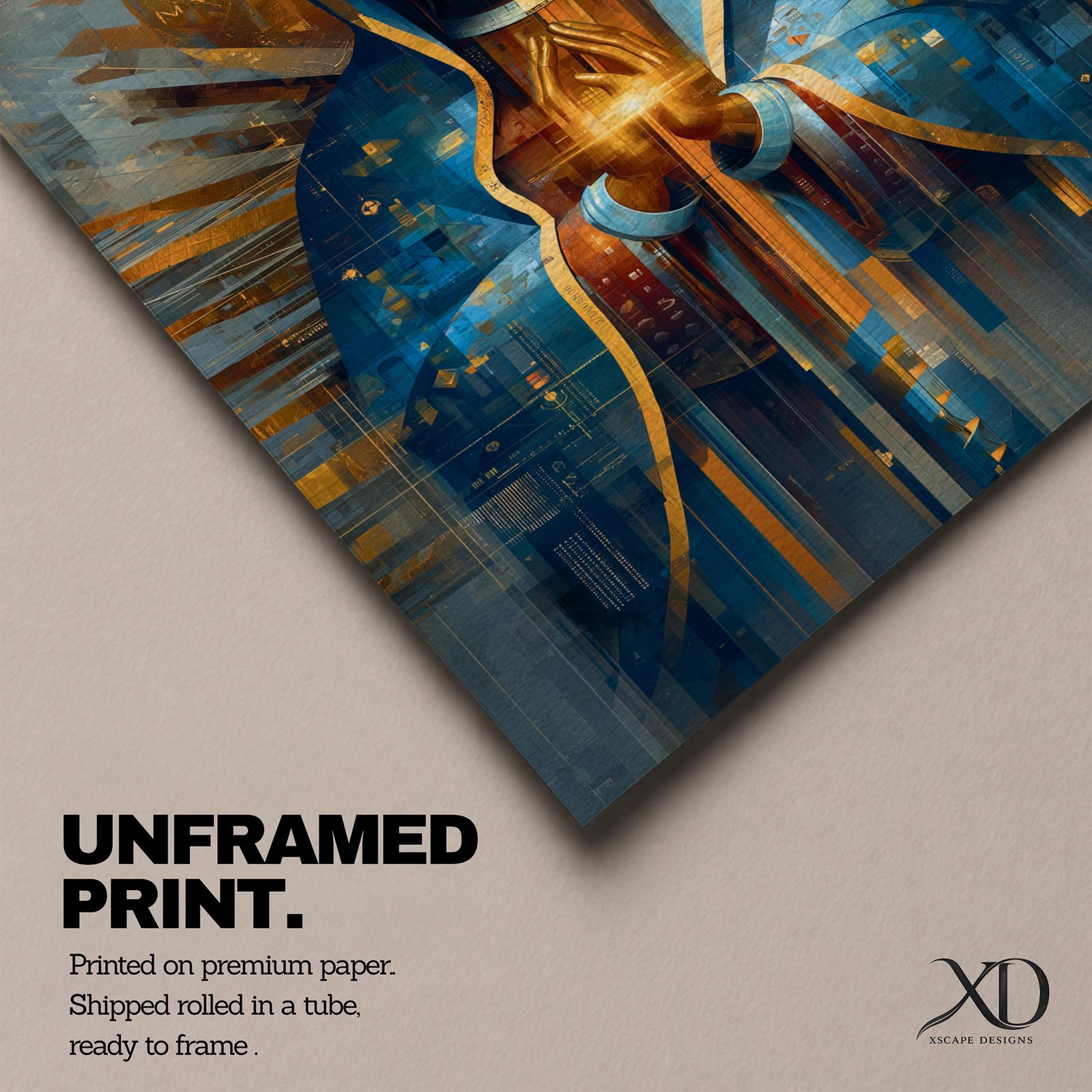 A mosaic-style depiction of Our Lady of Guadalupe features a serene woman with closed eyes, hands clasped in prayer, cloaked in a blue mantle with golden rays radiating behind her, rendered in geometric and stained glass-inspired patterns.