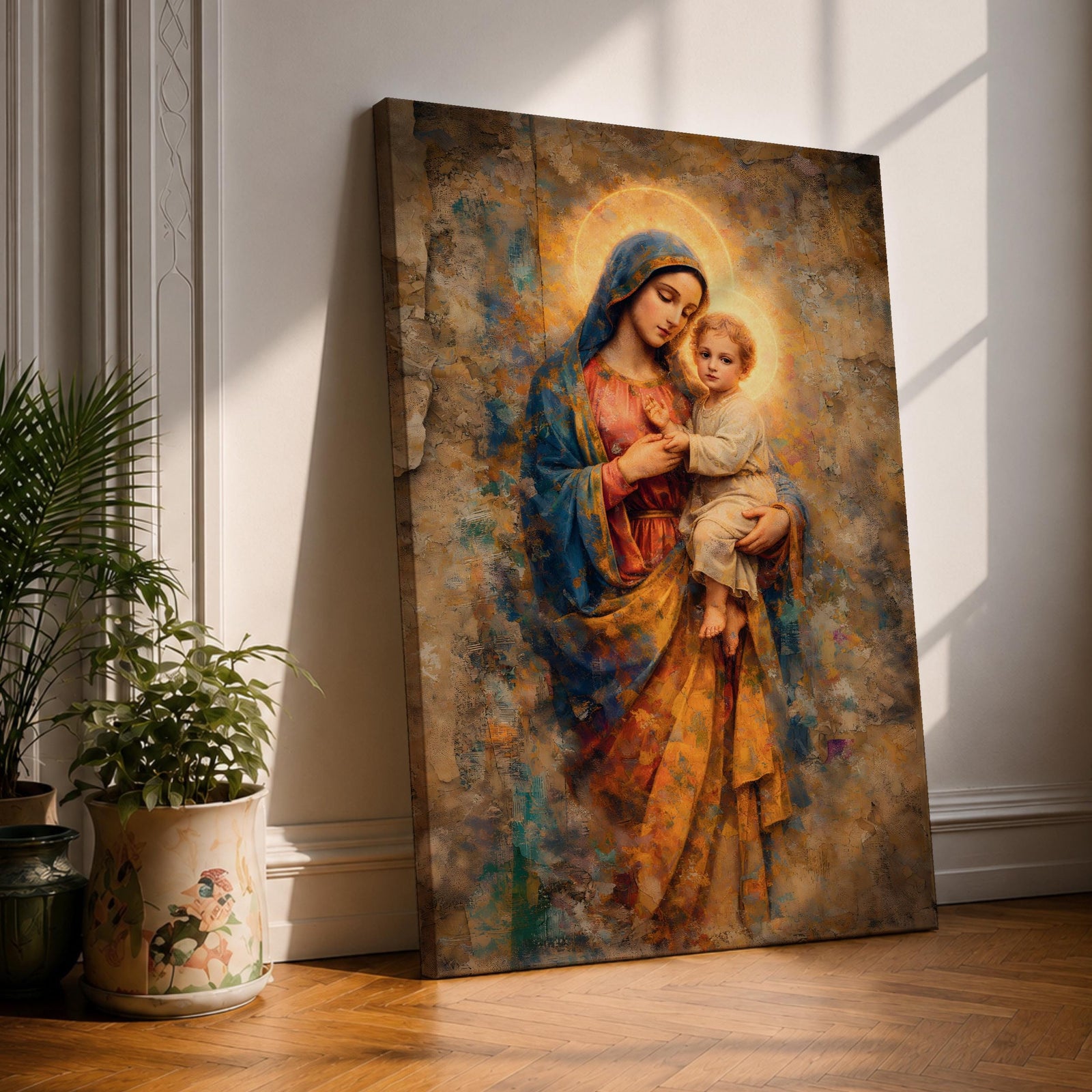 A vintage-style religious painting depicting Our Lady of Perpetual Help holding the Christ Child, both with glowing halos. The artwork features textured, aged effects reminiscent of Byzantine iconography with warm tones and detailed drapery, capturing a classic devotional Christian image.
