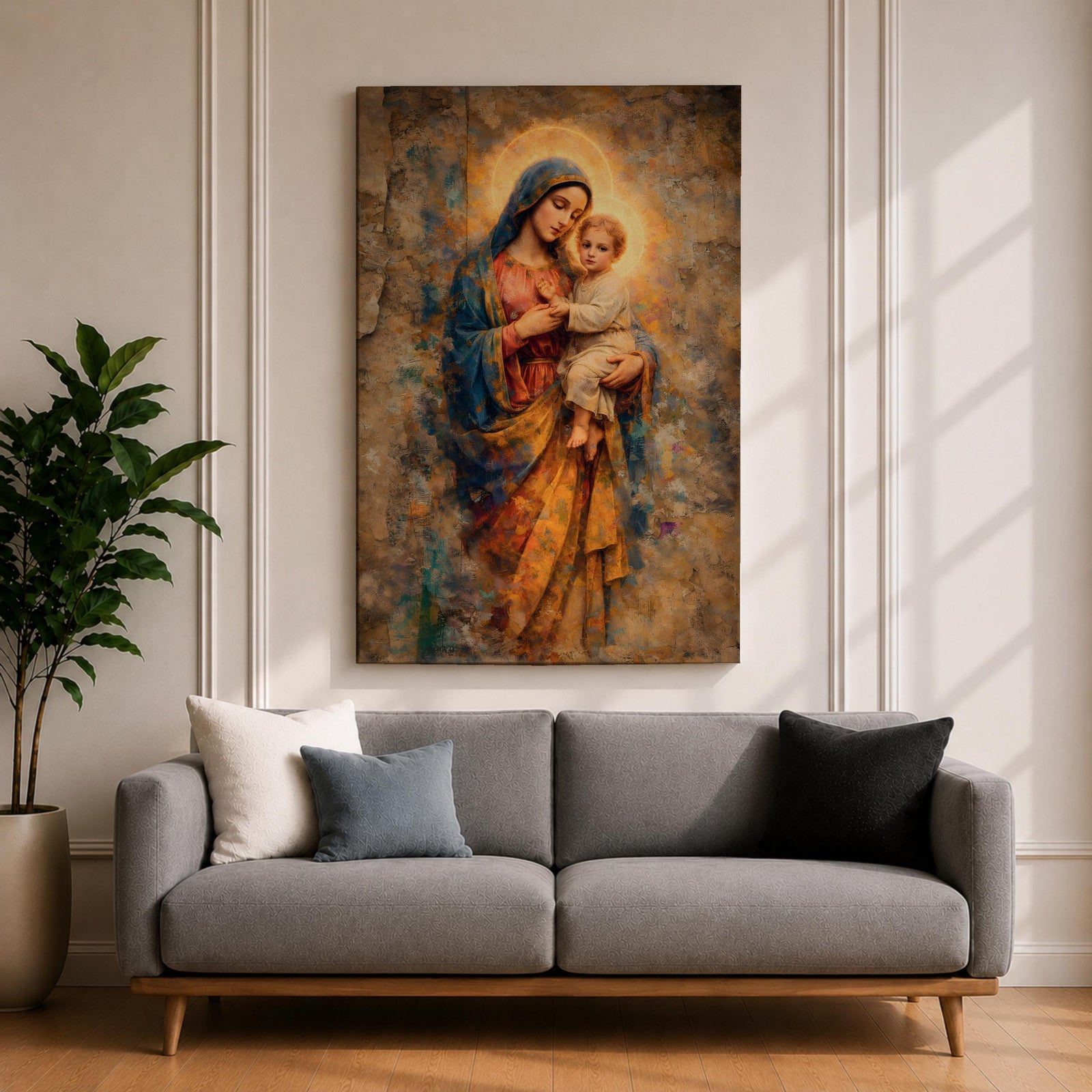 A vintage-style religious painting depicting Our Lady of Perpetual Help holding the Christ Child, both with glowing halos. The artwork features textured, aged effects reminiscent of Byzantine iconography with warm tones and detailed drapery, capturing a classic devotional Christian image.