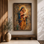 A vintage-style religious painting depicting Our Lady of Perpetual Help holding the Christ Child, both with glowing halos. The artwork features textured, aged effects reminiscent of Byzantine iconography with warm tones and detailed drapery, capturing a classic devotional Christian image.