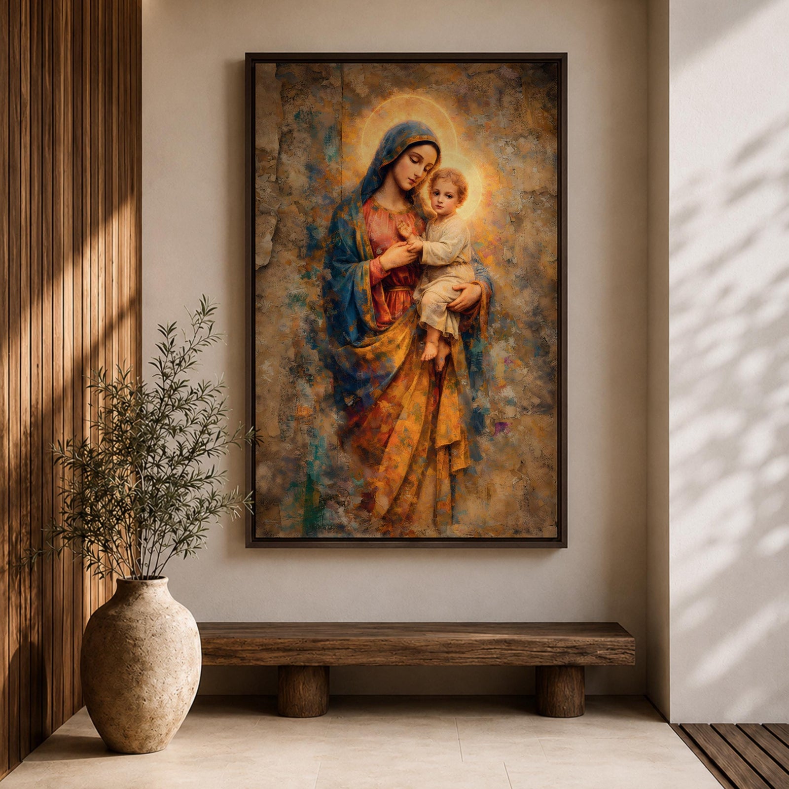 A vintage-style religious painting depicting Our Lady of Perpetual Help holding the Christ Child, both with glowing halos. The artwork features textured, aged effects reminiscent of Byzantine iconography with warm tones and detailed drapery, capturing a classic devotional Christian image.