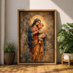 A vintage-style religious painting depicting Our Lady of Perpetual Help holding the Christ Child, both with glowing halos. The artwork features textured, aged effects reminiscent of Byzantine iconography with warm tones and detailed drapery, capturing a classic devotional Christian image.