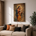 A vintage-style religious painting depicting Our Lady of Perpetual Help holding the Christ Child, both with glowing halos. The artwork features textured, aged effects reminiscent of Byzantine iconography with warm tones and detailed drapery, capturing a classic devotional Christian image.
