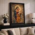 A vintage-style religious painting depicting Our Lady of Perpetual Help holding the Christ Child, both with glowing halos. The artwork features textured, aged effects reminiscent of Byzantine iconography with warm tones and detailed drapery, capturing a classic devotional Christian image.