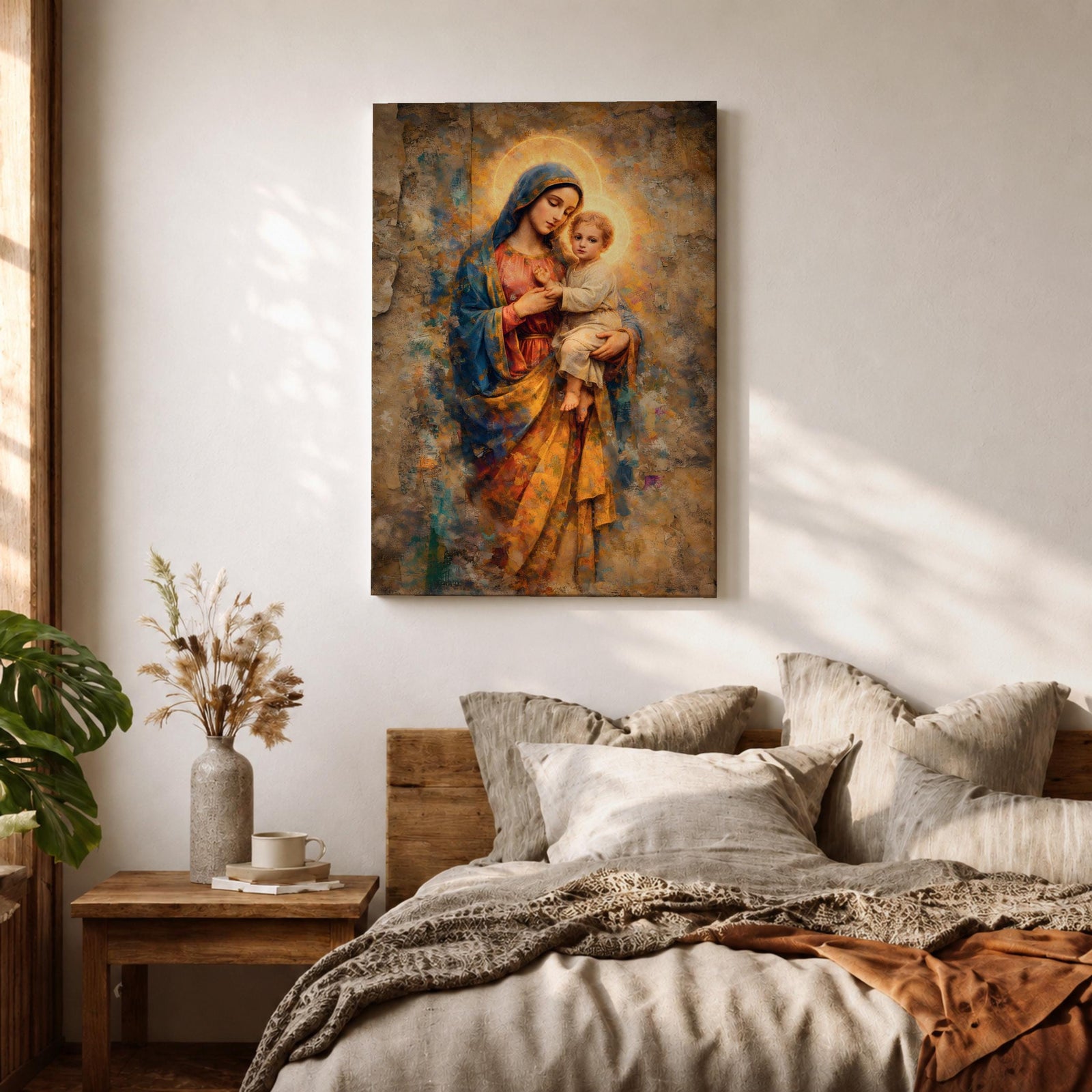 A vintage-style religious painting depicting Our Lady of Perpetual Help holding the Christ Child, both with glowing halos. The artwork features textured, aged effects reminiscent of Byzantine iconography with warm tones and detailed drapery, capturing a classic devotional Christian image.