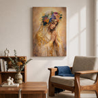 A detailed painting of Our Lady of Guadalupe showing a woman with hands clasped in prayer, wearing a veil adorned with golden accents and a colorful floral crown, rendered in a soft, realistic style with warm tones and intricate textures.