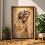 A detailed painting of Our Lady of Guadalupe showing a woman with hands clasped in prayer, wearing a veil adorned with golden accents and a colorful floral crown, rendered in a soft, realistic style with warm tones and intricate textures.