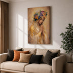 A detailed painting of Our Lady of Guadalupe showing a woman with hands clasped in prayer, wearing a veil adorned with golden accents and a colorful floral crown, rendered in a soft, realistic style with warm tones and intricate textures.