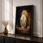 A detailed painting of Our Lady of Lourdes standing at the entrance of a grotto with open arms, dressed in white robes with a blue sash, surrounded by candles and flowers, representing the Marian apparition at Lourdes in a traditional religious style.