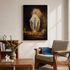 A detailed painting of Our Lady of Lourdes standing at the entrance of a grotto with open arms, dressed in white robes with a blue sash, surrounded by candles and flowers, representing the Marian apparition at Lourdes in a traditional religious style.