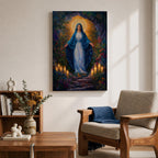 A framed canvas painting of Our Lady of Lourdes depicts the Virgin Mary standing with open arms surrounded by glowing candles and vibrant flowers, rendered in a richly detailed, realistic style with a luminous halo behind her head, evoking a serene and reverent atmosphere.