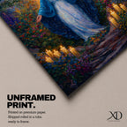 A framed canvas painting of Our Lady of Lourdes depicts the Virgin Mary standing with open arms surrounded by glowing candles and vibrant flowers, rendered in a richly detailed, realistic style with a luminous halo behind her head, evoking a serene and reverent atmosphere.