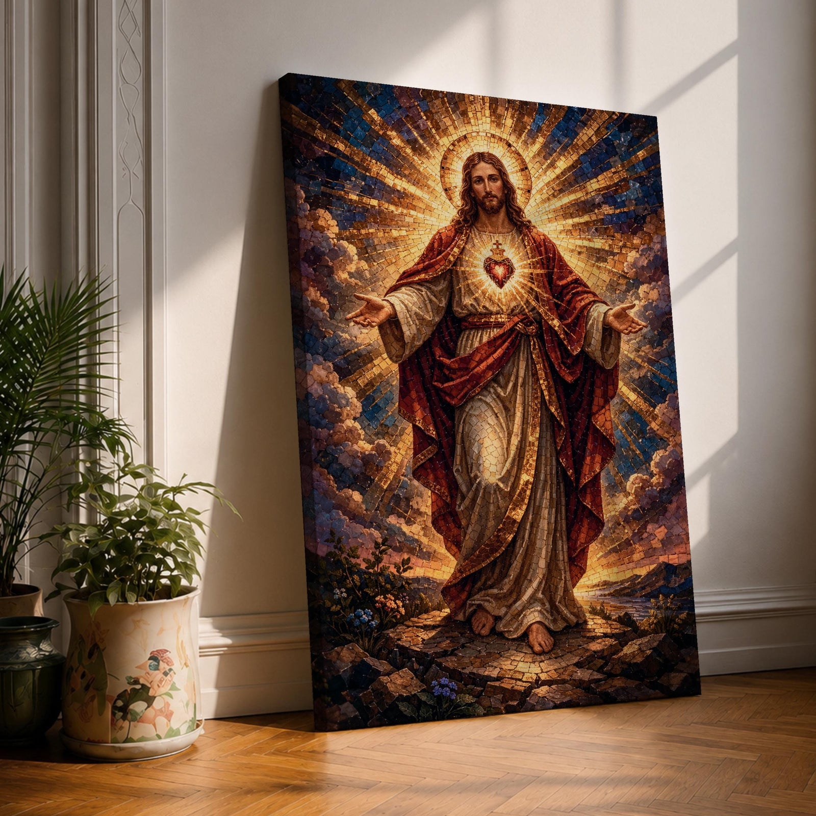 This artwork depicts the Sacred Heart of Jesus rendered in a detailed mosaic style. Jesus is shown with outstretched arms, radiant light emanating from his heart, surrounded by clouds and a glowing halo. The composition uses vibrant mosaic tiles to create a textured, luminous religious image.