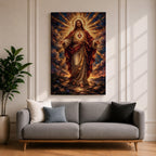 This artwork depicts the Sacred Heart of Jesus rendered in a detailed mosaic style. Jesus is shown with outstretched arms, radiant light emanating from his heart, surrounded by clouds and a glowing halo. The composition uses vibrant mosaic tiles to create a textured, luminous religious image.