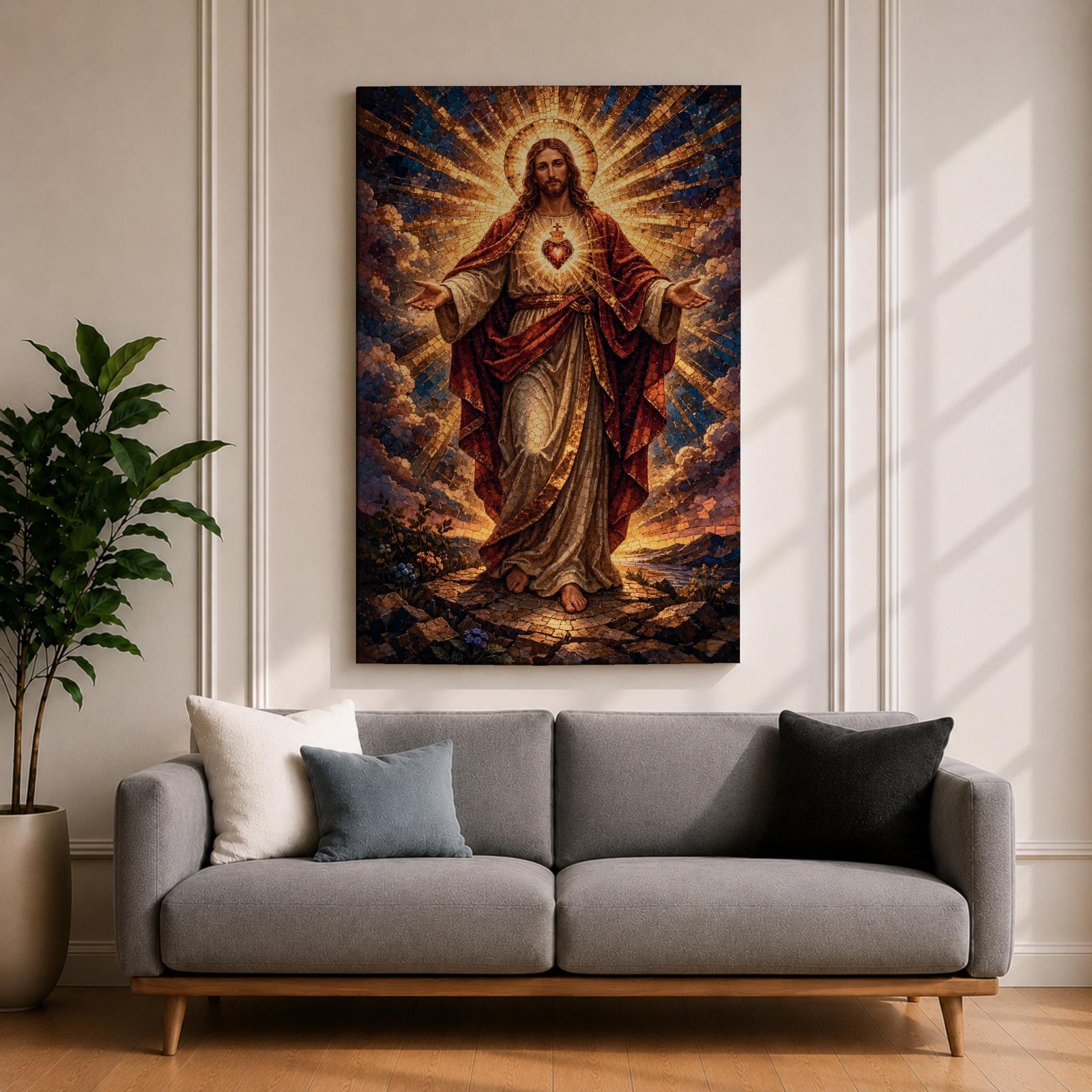 This artwork depicts the Sacred Heart of Jesus rendered in a detailed mosaic style. Jesus is shown with outstretched arms, radiant light emanating from his heart, surrounded by clouds and a glowing halo. The composition uses vibrant mosaic tiles to create a textured, luminous religious image.