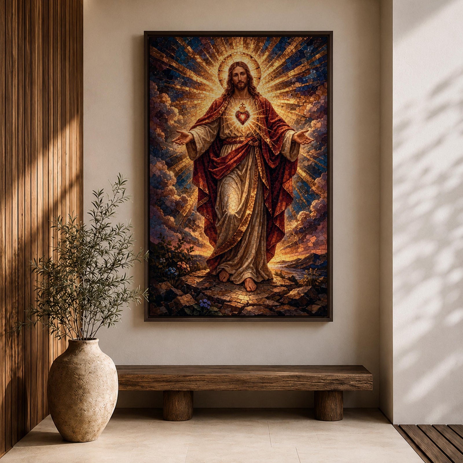 This artwork depicts the Sacred Heart of Jesus rendered in a detailed mosaic style. Jesus is shown with outstretched arms, radiant light emanating from his heart, surrounded by clouds and a glowing halo. The composition uses vibrant mosaic tiles to create a textured, luminous religious image.
