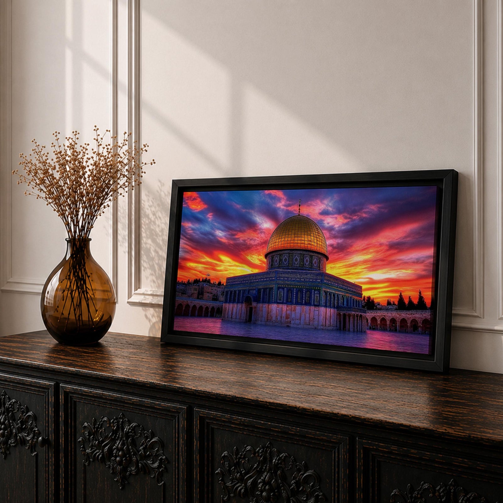 A panoramic painting of Masjid Al Aqsa in Jerusalem at sunset, featuring the iconic golden Dome of the Rock and surrounding historic structures bathed in warm evening light, with layered city architecture and soft sky tones rendered in expressive textured brushstrokes that highlight depth, atmosphere, and sacred architectural detail