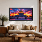 A panoramic painting of Masjid Al Aqsa in Jerusalem at sunset, featuring the iconic golden Dome of the Rock and surrounding historic structures bathed in warm evening light, with layered city architecture and soft sky tones rendered in expressive textured brushstrokes that highlight depth, atmosphere, and sacred architectural detail