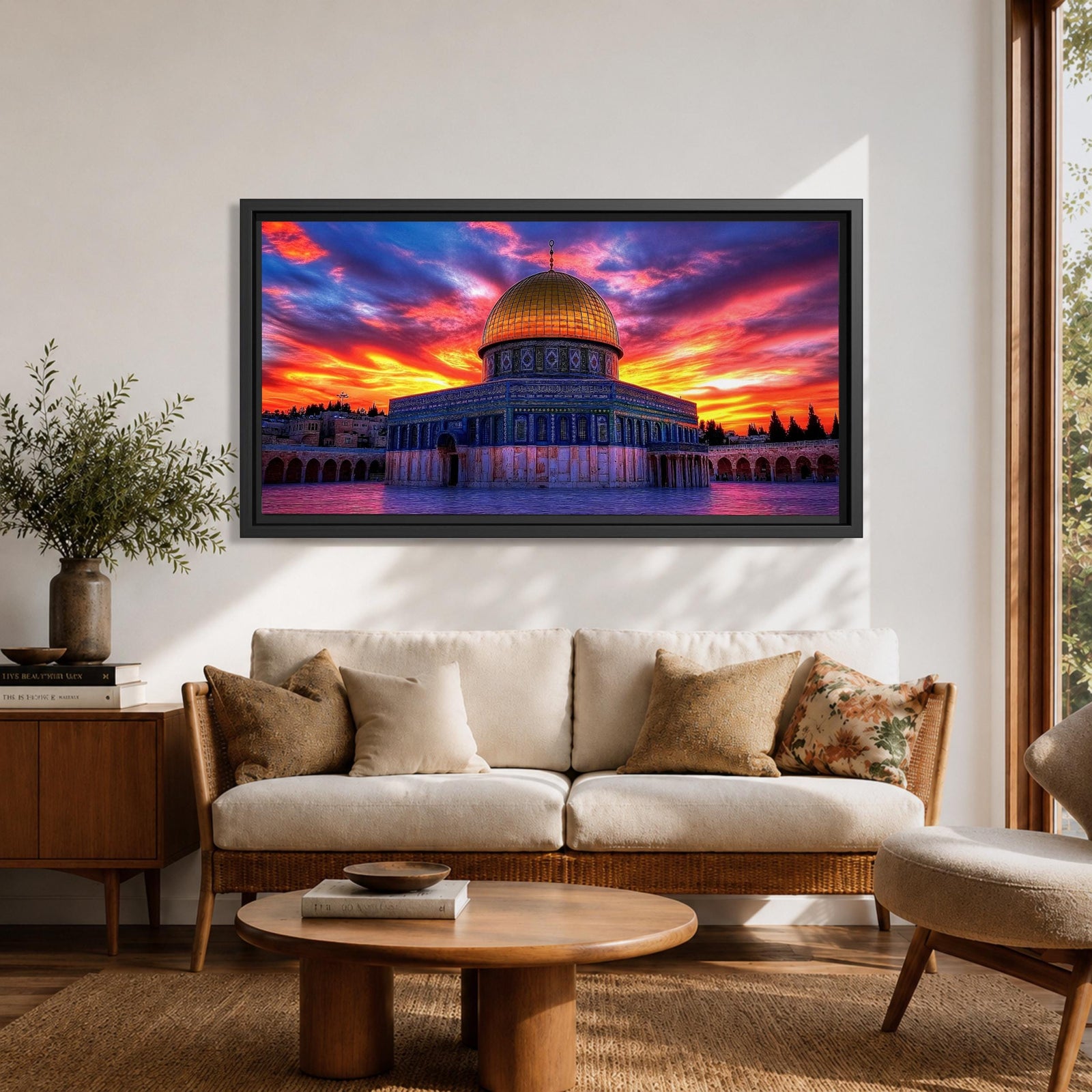 A panoramic painting of Masjid Al Aqsa in Jerusalem at sunset, featuring the iconic golden Dome of the Rock and surrounding historic structures bathed in warm evening light, with layered city architecture and soft sky tones rendered in expressive textured brushstrokes that highlight depth, atmosphere, and sacred architectural detail