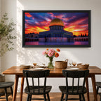 A panoramic painting of Masjid Al Aqsa in Jerusalem at sunset, featuring the iconic golden Dome of the Rock and surrounding historic structures bathed in warm evening light, with layered city architecture and soft sky tones rendered in expressive textured brushstrokes that highlight depth, atmosphere, and sacred architectural detail
