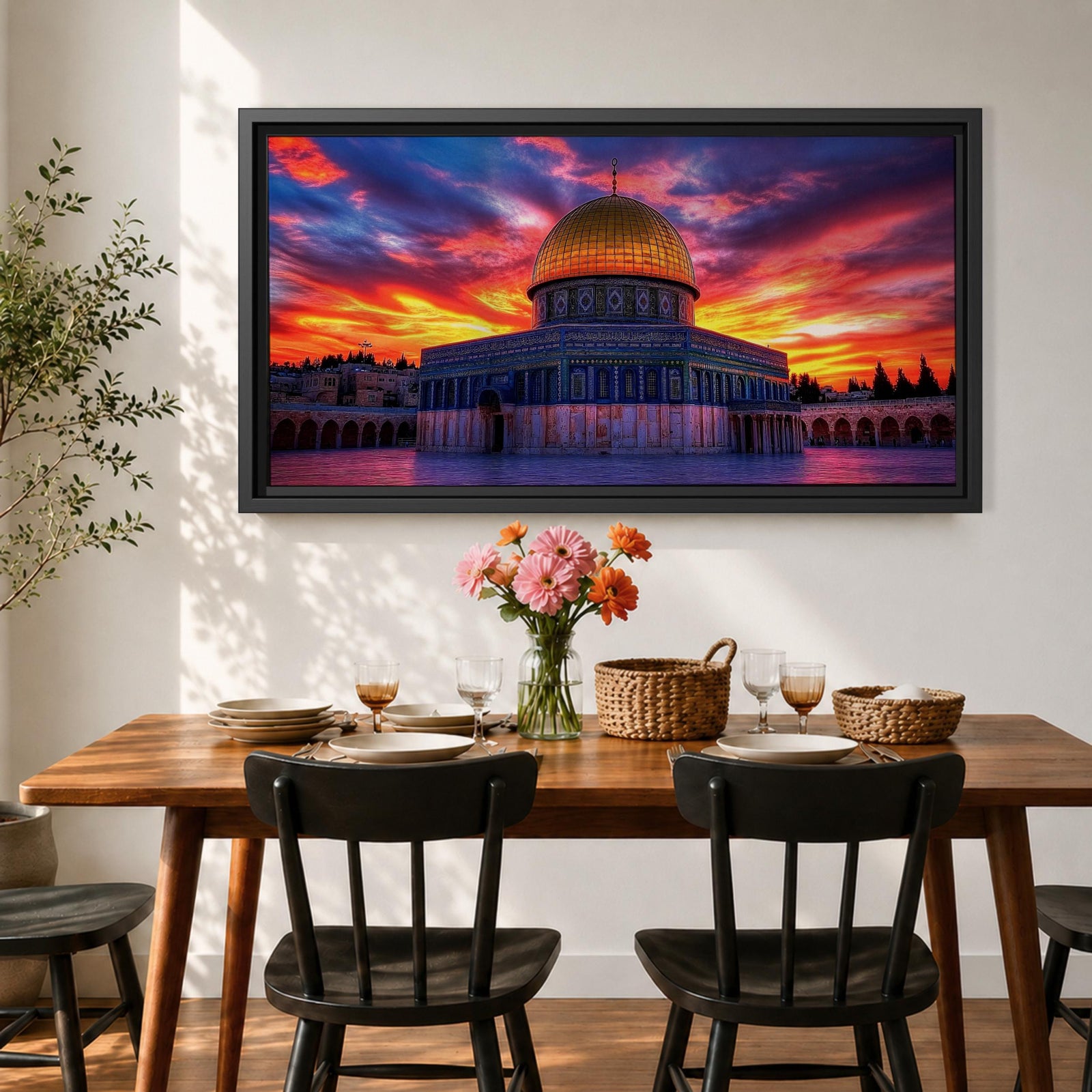 A panoramic painting of Masjid Al Aqsa in Jerusalem at sunset, featuring the iconic golden Dome of the Rock and surrounding historic structures bathed in warm evening light, with layered city architecture and soft sky tones rendered in expressive textured brushstrokes that highlight depth, atmosphere, and sacred architectural detail