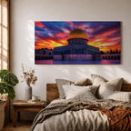 A panoramic painting of Masjid Al Aqsa in Jerusalem at sunset, featuring the iconic golden Dome of the Rock and surrounding historic structures bathed in warm evening light, with layered city architecture and soft sky tones rendered in expressive textured brushstrokes that highlight depth, atmosphere, and sacred architectural detail