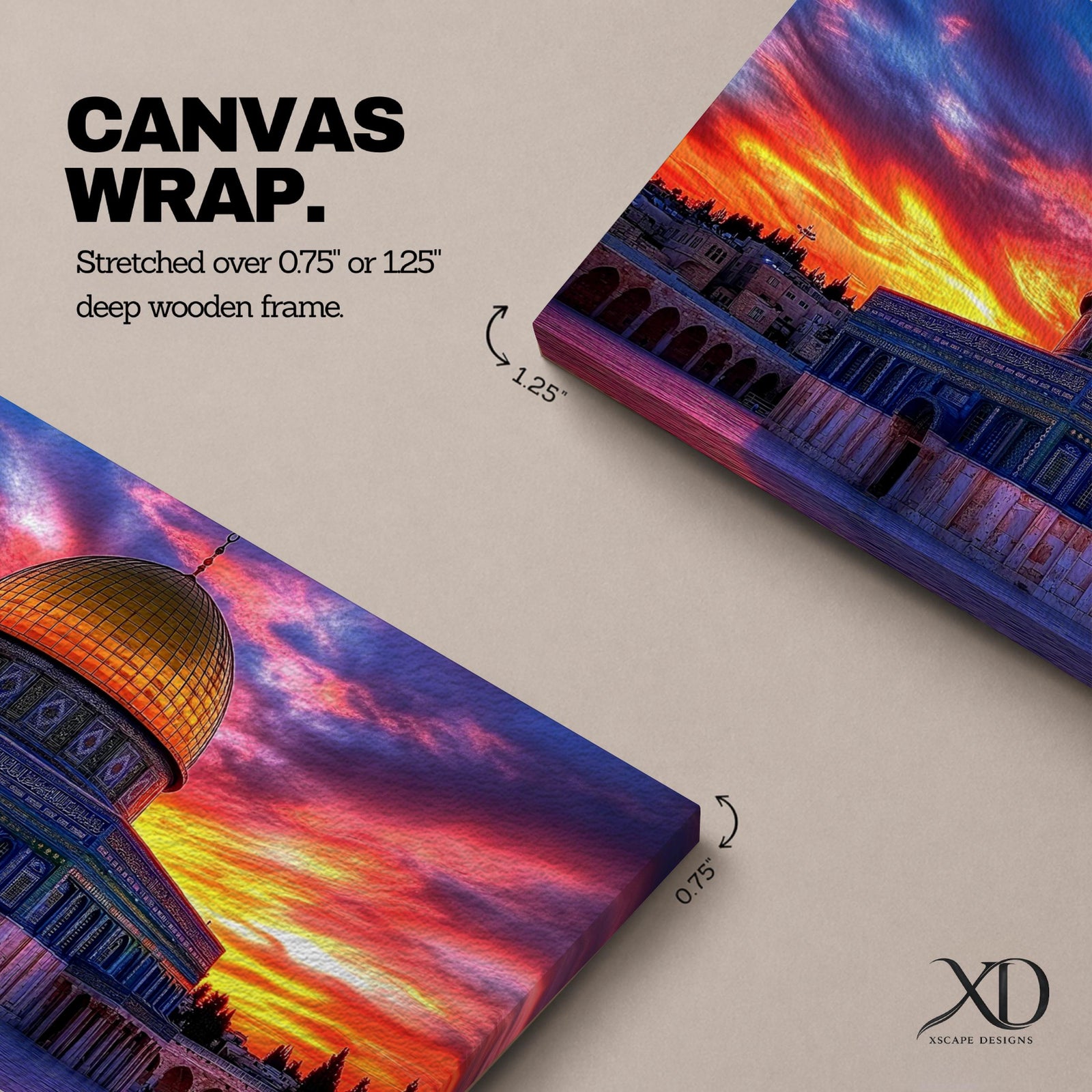 A panoramic painting of Masjid Al Aqsa in Jerusalem at sunset, featuring the iconic golden Dome of the Rock and surrounding historic structures bathed in warm evening light, with layered city architecture and soft sky tones rendered in expressive textured brushstrokes that highlight depth, atmosphere, and sacred architectural detail
