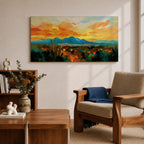 A panoramic desert landscape painting depicting a glowing sunset over layered mountain ranges and open terrain, with tall cacti silhouetted against a warm sky, rendered in textured brushstrokes that emphasize depth, horizon lines, and the expansive atmosphere of a southwest desert scene