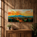 A panoramic desert landscape painting depicting a glowing sunset over layered mountain ranges and open terrain, with tall cacti silhouetted against a warm sky, rendered in textured brushstrokes that emphasize depth, horizon lines, and the expansive atmosphere of a southwest desert scene