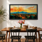 A panoramic desert landscape painting depicting a glowing sunset over layered mountain ranges and open terrain, with tall cacti silhouetted against a warm sky, rendered in textured brushstrokes that emphasize depth, horizon lines, and the expansive atmosphere of a southwest desert scene