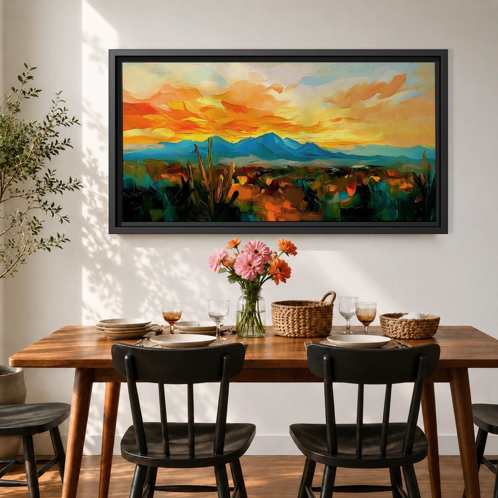 A panoramic desert landscape painting depicting a glowing sunset over layered mountain ranges and open terrain, with tall cacti silhouetted against a warm sky, rendered in textured brushstrokes that emphasize depth, horizon lines, and the expansive atmosphere of a southwest desert scene